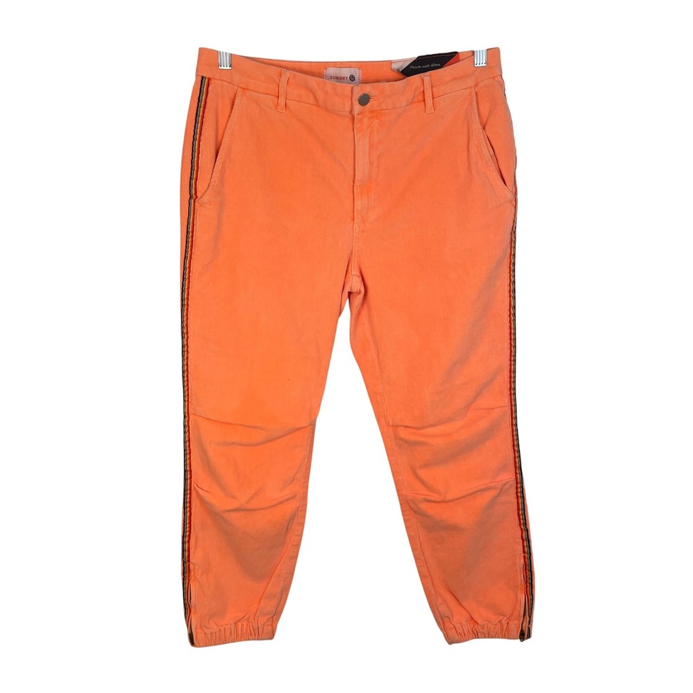 SUNDRY Neon Orange Rainbow Stripe  Festival Ankle Zip Corduroy Jogger Size 30